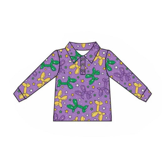 (Pre-order)BT1387 Balloon Dog Purple Print Boys Mardi Gras Polo Top