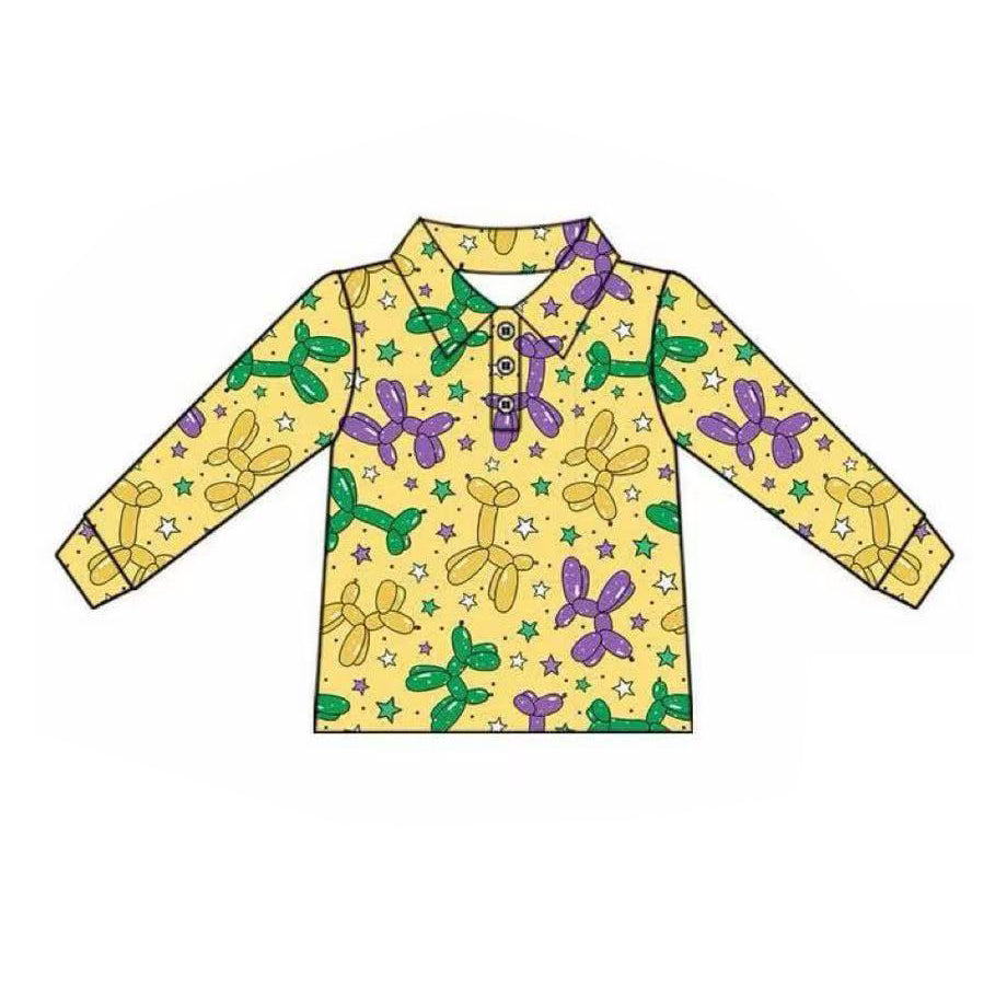 (Pre-order)BT1388 Balloon Dog Yellow Print Boys Mardi Gras Polo Top