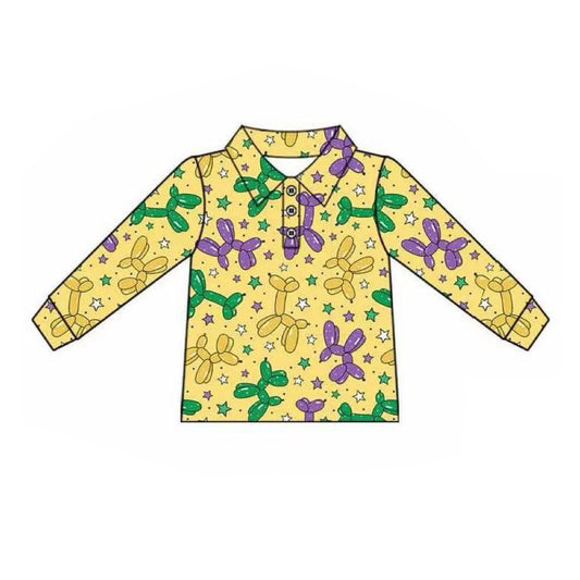 (Pre-order)BT1388 Balloon Dog Yellow Print Boys Mardi Gras Polo Top
