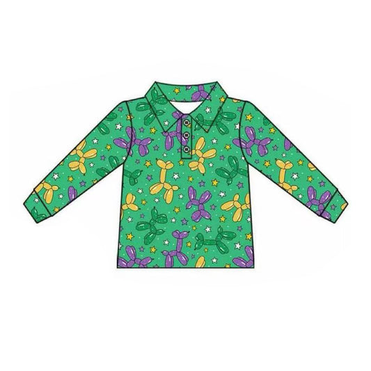 (Pre-order)BT1389 Balloon Dog Green Print Boys Mardi Gras Polo Top