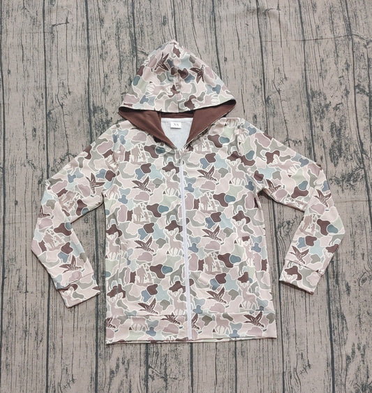 (Pre-order)BT1392 Adult Dog Deer Camo Hunting Print Man Long Sleeve Zipper Hoodie Pockets Jackets Top