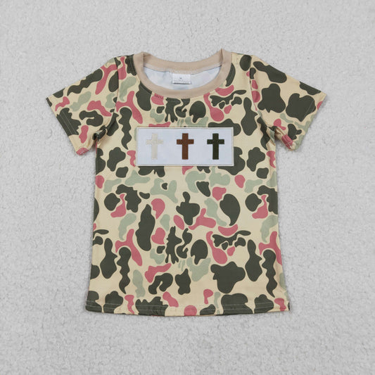 BT1395 Cross Embroidery Camo Print Boys Easter Tee Shirts Top