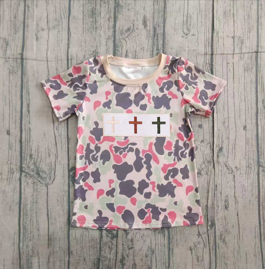 (Pre-order)BT1395 Cross Camo Print Boys Easter Tee Shirts Top