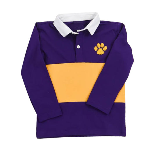 (Pre-order)BT1396 Yellow Paw Purple Print Boys Long Sleeve Polo Top