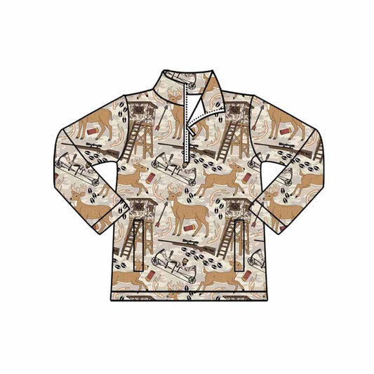 (Pre-order)BT1397 Deer Camo Hnting Print Boys Zipper Pulover Top