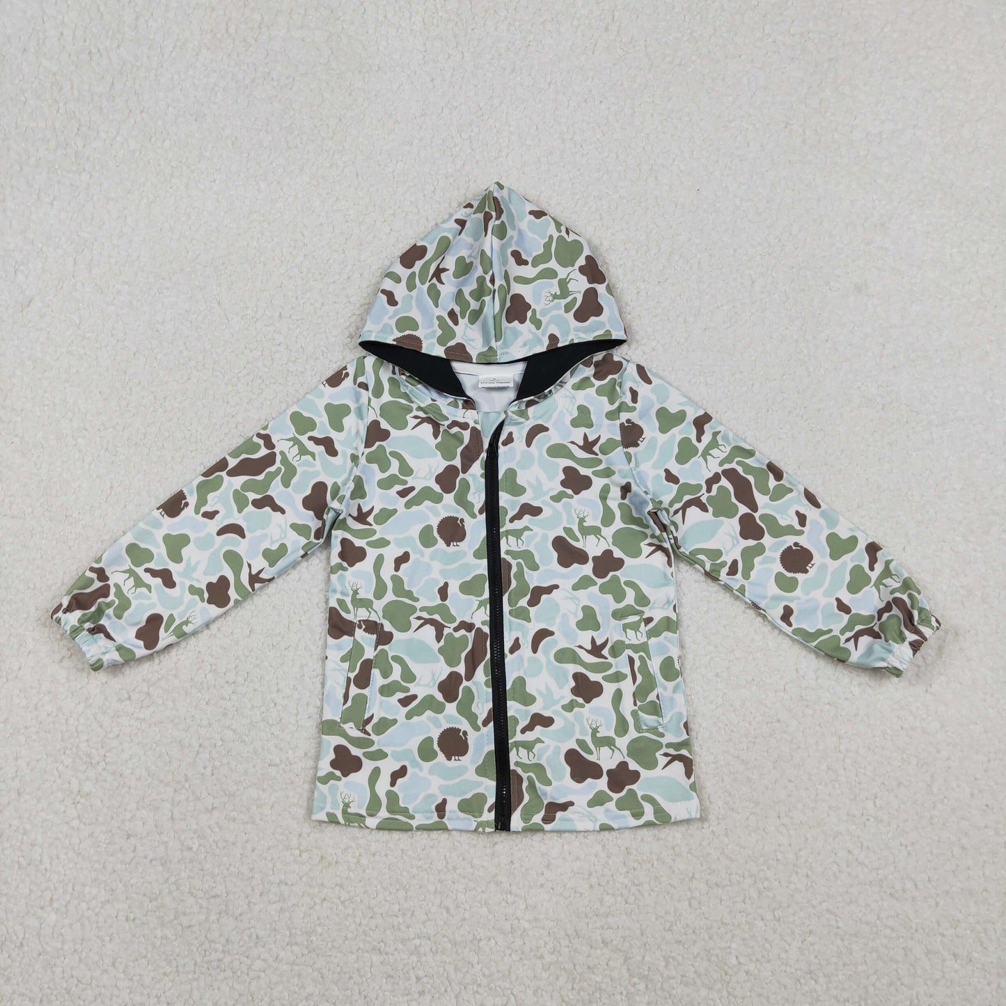 BT1399 Dog Deer Green Camo Hunting Print Boys Long Sleeve Zipper Hoodie Pockets Jackets Top