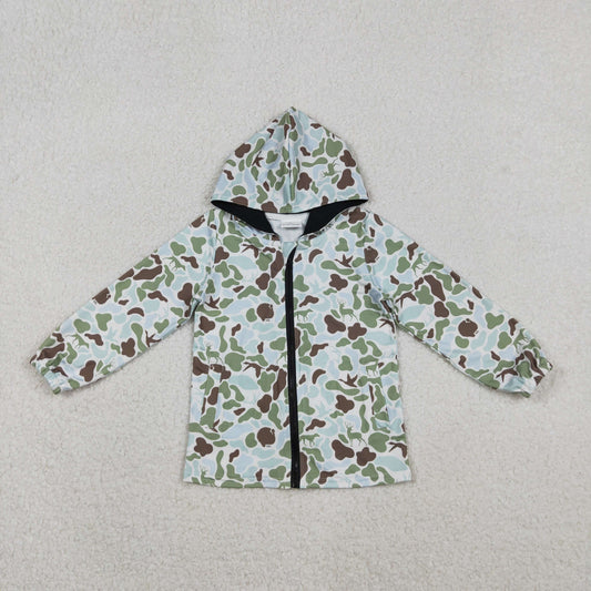 BT1399 Dog Deer Green Camo Hunting Print Boys Long Sleeve Zipper Hoodie Pockets Jackets Top