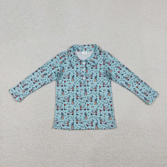 BT1404 Golf Blue Print Boys Long Sleeve Polo Top