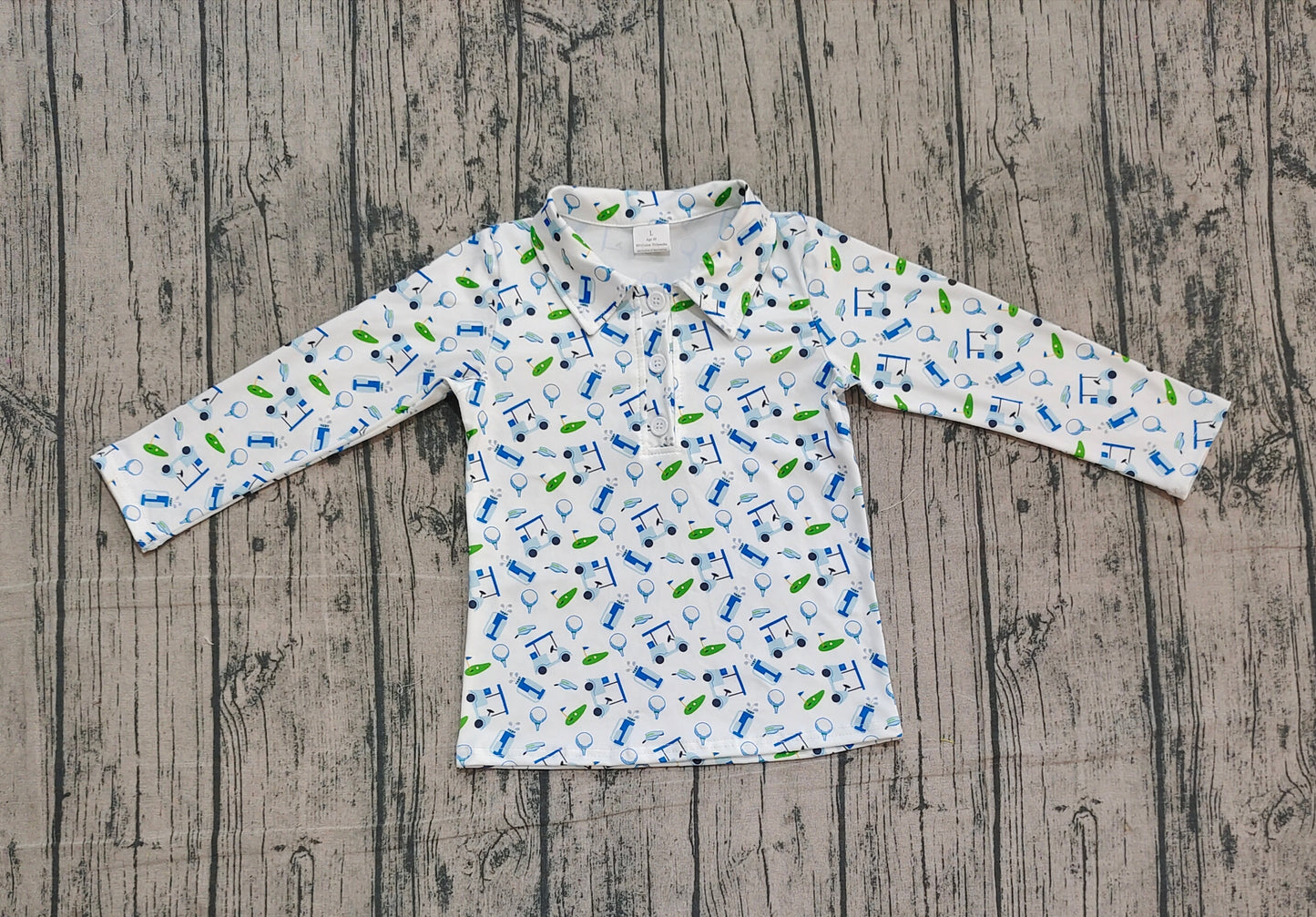 (Pre-order)BT1405 Golf White Print Boys Long Sleeve Polo Top