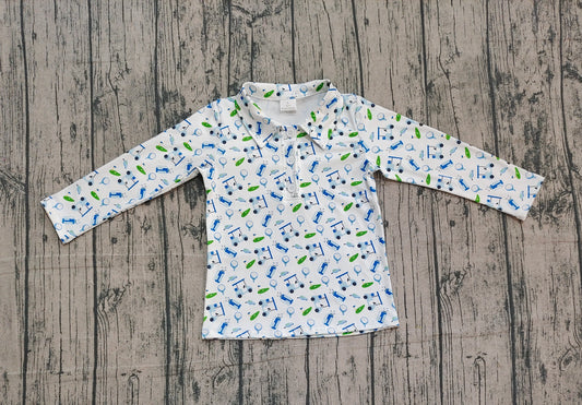 (Pre-order)BT1405 Golf White Print Boys Long Sleeve Polo Top