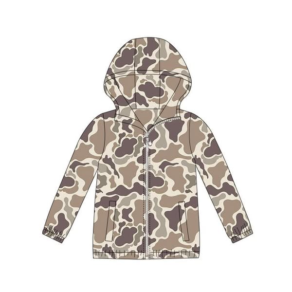 (Pre-order)BT1413 Brown Camo Print Kids Zipper Hoodie Pockets Jackets Top