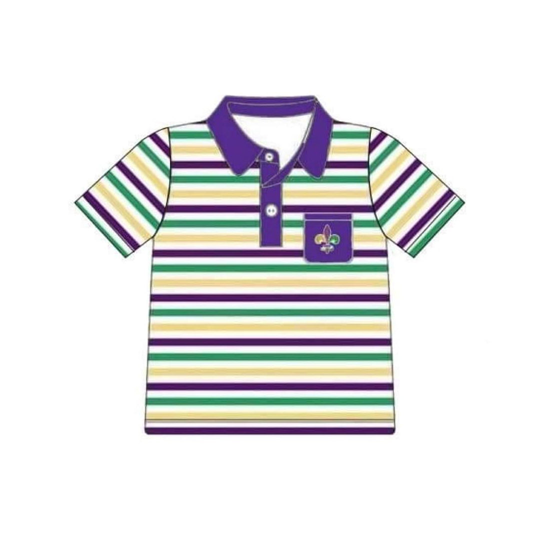 (Pre-order)BT1436 Anchor Stripes Print Boys Mardi Gras Polo Top