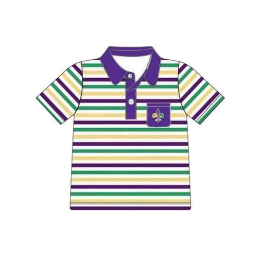 (Pre-order)BT1436 Anchor Stripes Print Boys Mardi Gras Polo Top