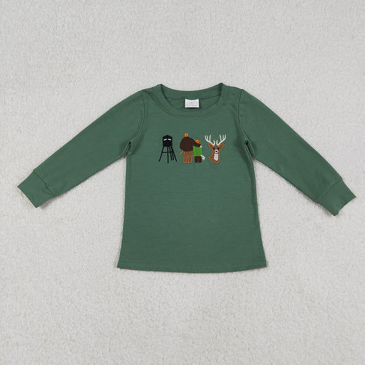 BT1438 Go Hunting Embroidery Green Boys Long Sleeve Tee Shirts Top