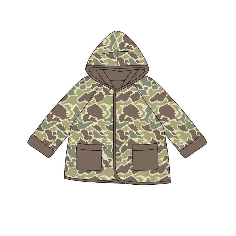 (Pre-order)BT1440 Brown Camo Print Kids Pockets Hoodie Top