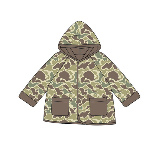 (Pre-order)BT1440 Brown Camo Print Kids Pockets Hoodie Top
