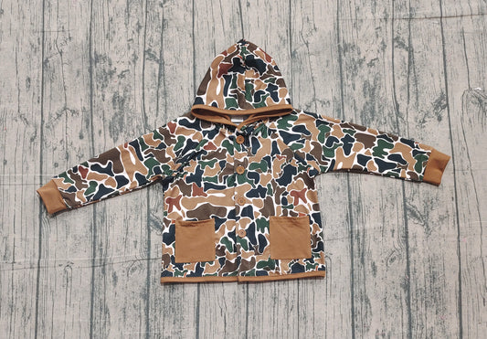 (Pre-order)BT1442 Brown Camo Print Kids Pockets Hoodie Top
