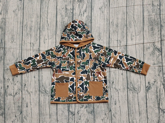 (Pre-order)BT1442 Brown Camo Print Kids Pockets Hoodie Top