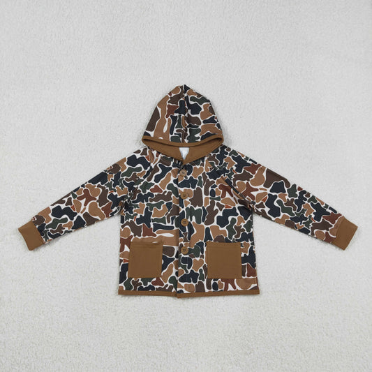 BT1442 Brown Camo Print Kids Pockets Hoodie Buttons Jackets Top