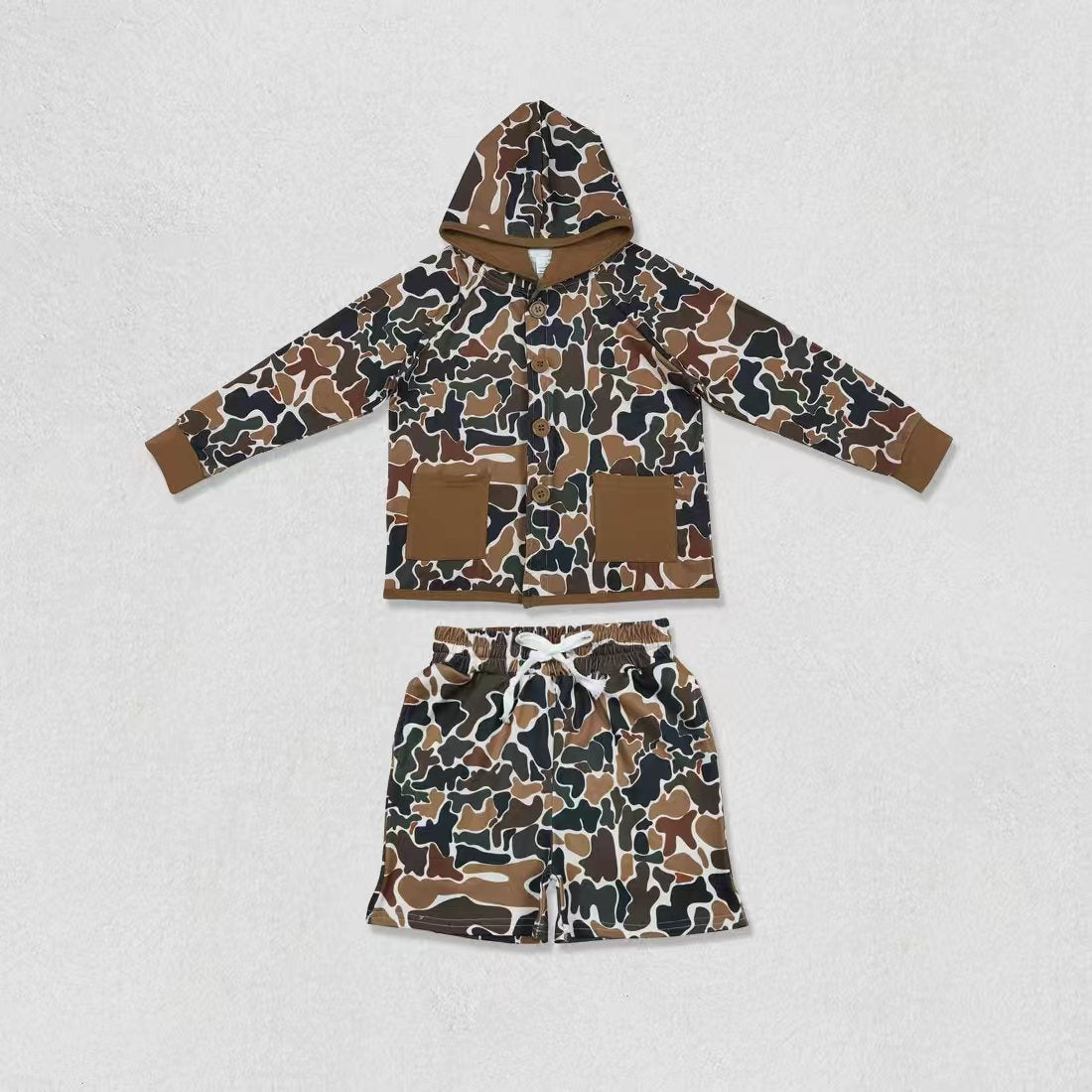 2 Colors Camo Pockets Hoodie Buttons Jackets Top Shorts Kids Clothes Set Sibling Wear