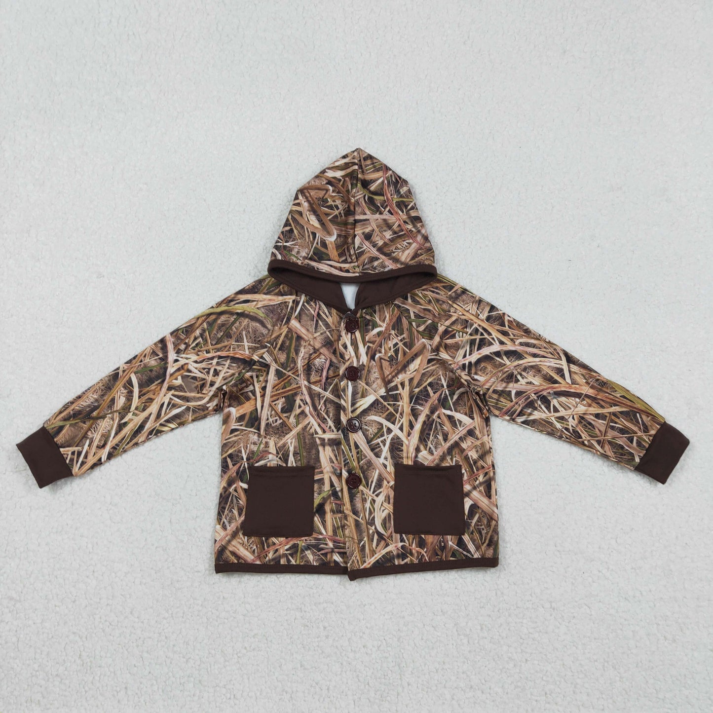 BT1443 Straw Blind Camo Print Kids Pockets Hoodie Buttons Jackets Top