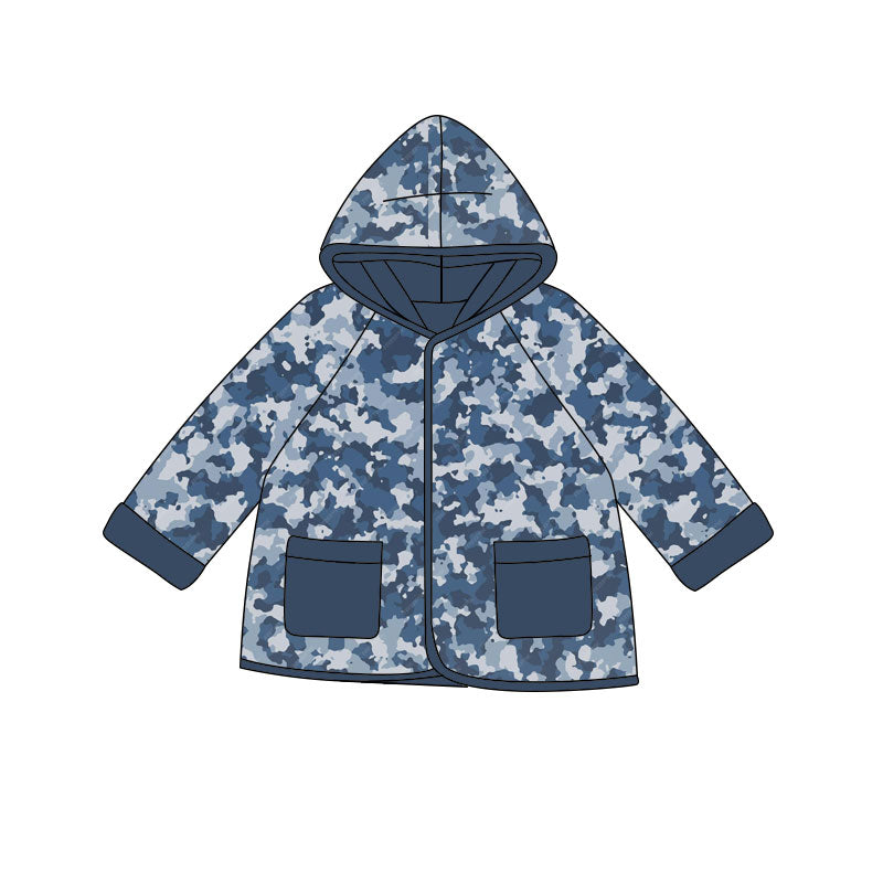 (Pre-order)BT1444 Blue Camo Print Kids Pockets Hoodie Top