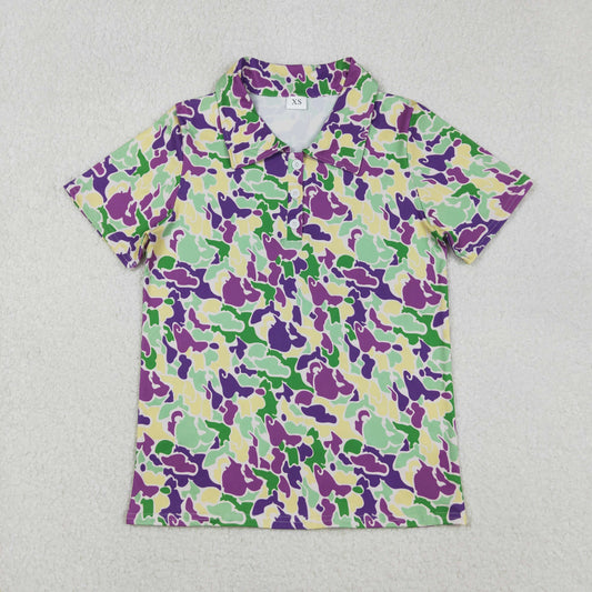 BT1452 Adult Purple Green Camo Print Man Mardi Gras Polo Top