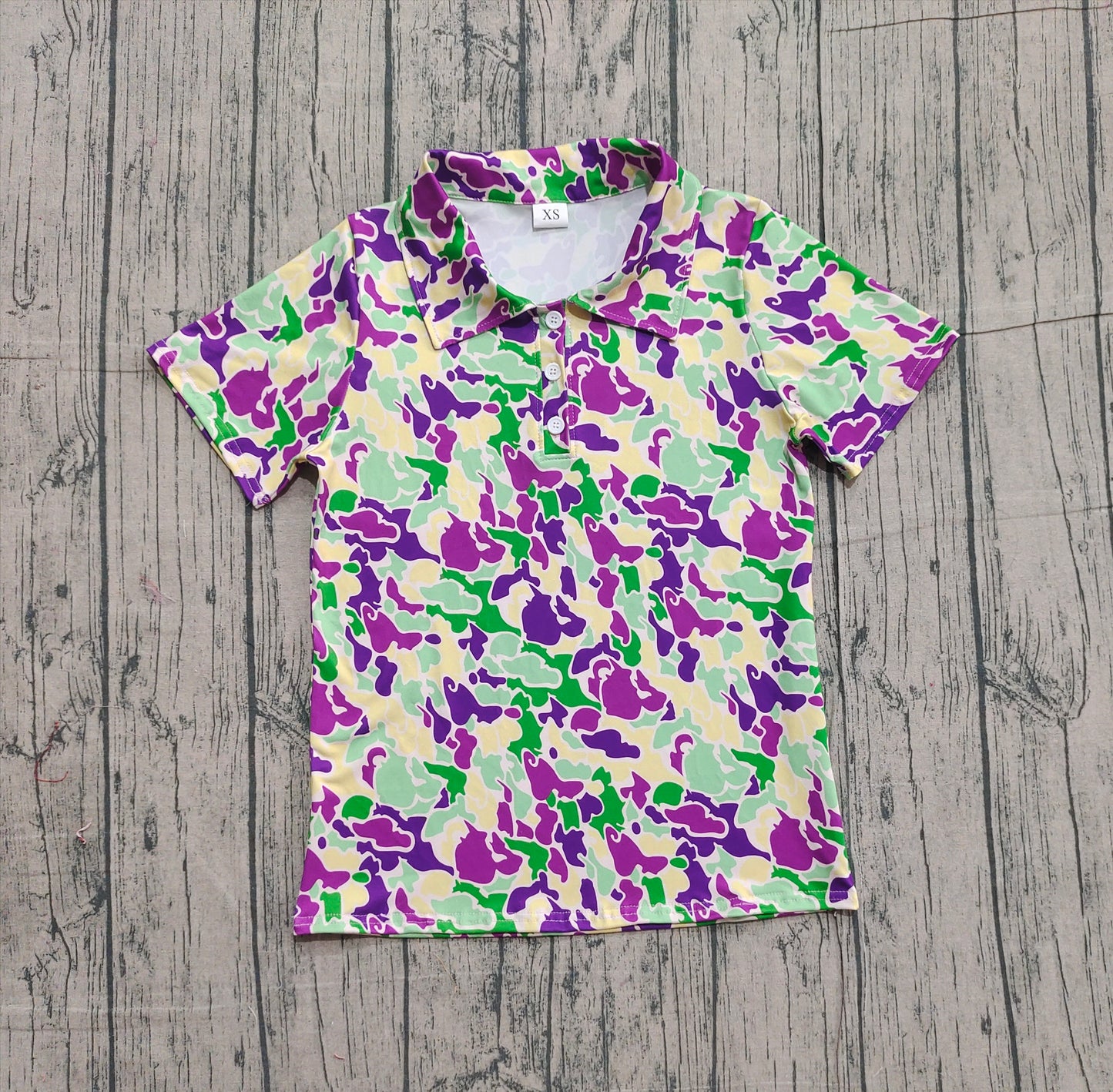 (Pre-order)BT1452 Adult Purple Green Camo Print Man Mardi Gras Polo Top