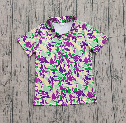 (Pre-order)BT1452 Adult Purple Green Camo Print Man Mardi Gras Polo Top