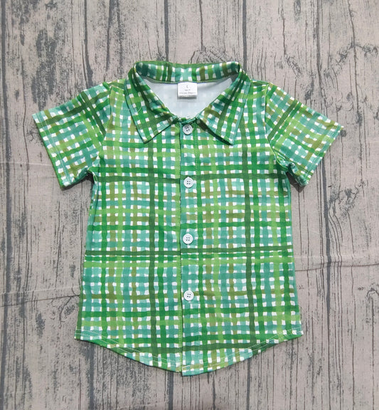 (Pre-order)BT1456 Green Plaid Print Boys St. Patrick's Day Tee Shirts Top