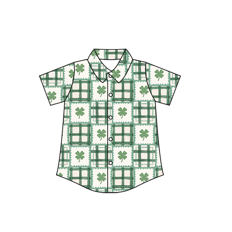 (Pre-order)BT1458 Leaf Green Plaid Print Boys St. Patrick's Day Tee Shirts Top