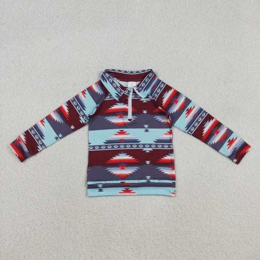 BT1467 Aztec Wine Blue Print Boys Western Zipper Pullover Top