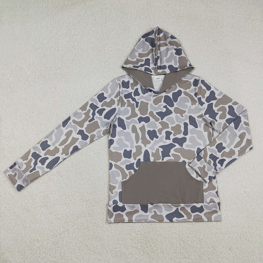 BT1471 Adult Brown Grey Camo Print Man Pockets Hoodie Top