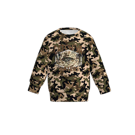 (Pre-order)BT1474 Fishing Green Camo Print Boys Long Sleeve Tee Shirts Top