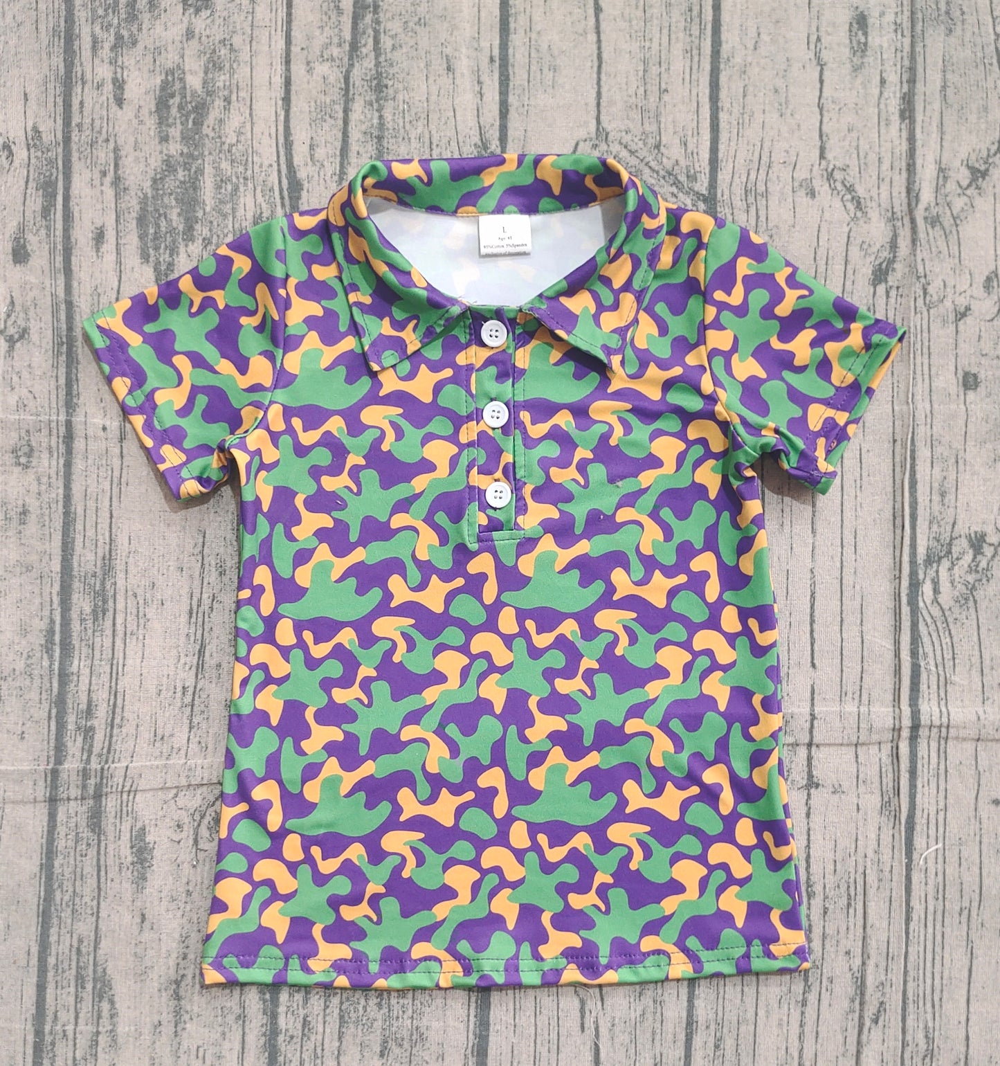 (Pre-order)BT1498 Green Purple Camo Print Boys Mardi Gras Polo Top