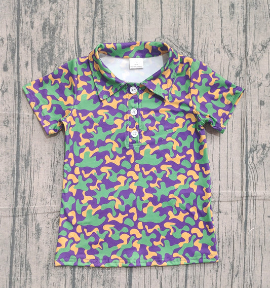 (Pre-order)BT1498 Green Purple Camo Print Boys Mardi Gras Polo Top