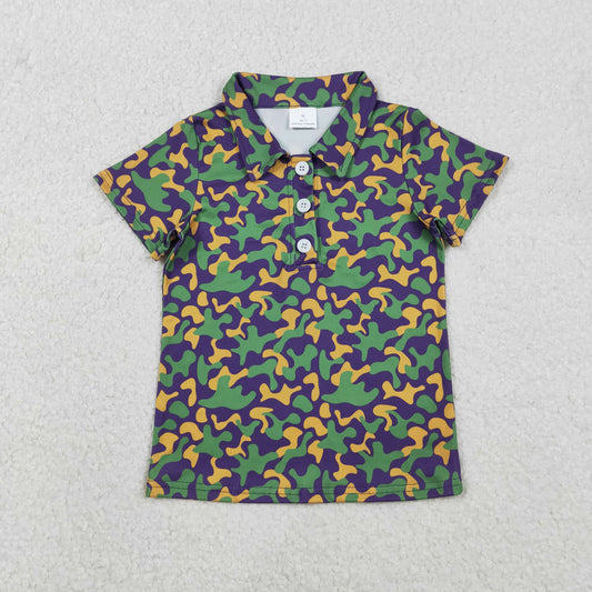 BT1498 Green Purple Camo Print Boys Mardi Gras Polo Top