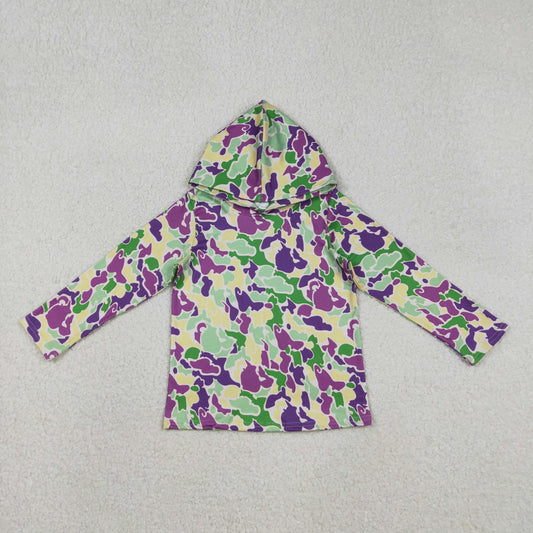 BT1507 Green Purple Yellow Camo Print Kids Mardi Gras Hoodie Top