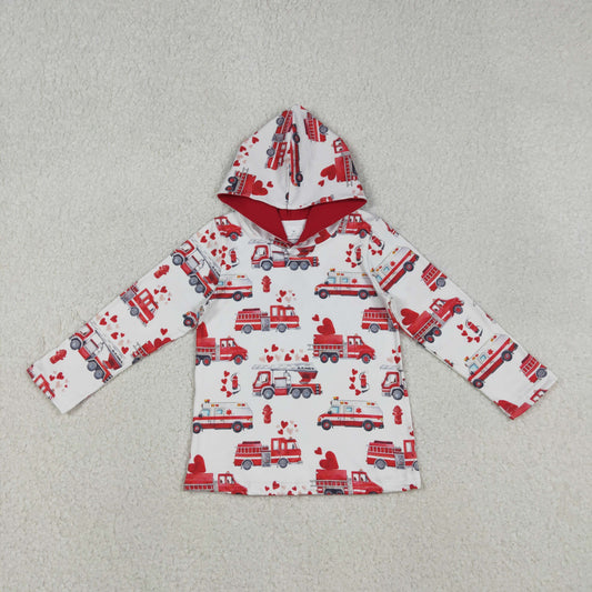 BT1512 Fire Truck Hearts Print Boys Valentine's Day Hoodie Top