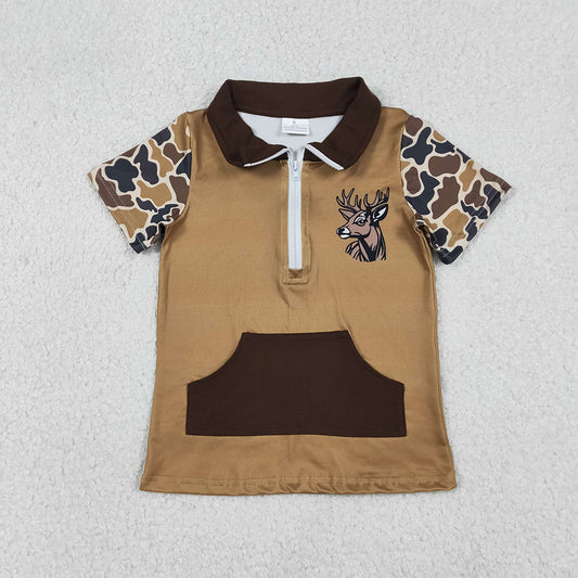 BT1531 Deer Camo Print Boys Short Sleeve Zipper Pullover Top