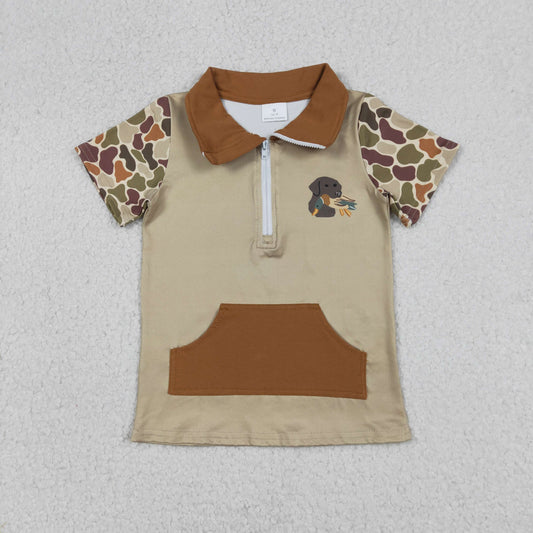 BT1532 Dog Duck Camo Print Boys Short Sleeve Zipper Pullover Top
