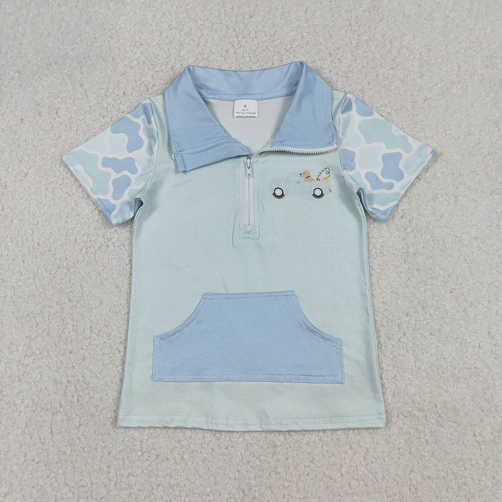 BT1534 Dog Go Hunting Blue Camo Print Boys Short Sleeve Zipper Pullover Top