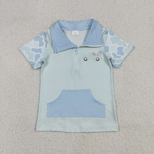 BT1534 Dog Go Hunting Blue Camo Print Boys Short Sleeve Zipper Pullover Top