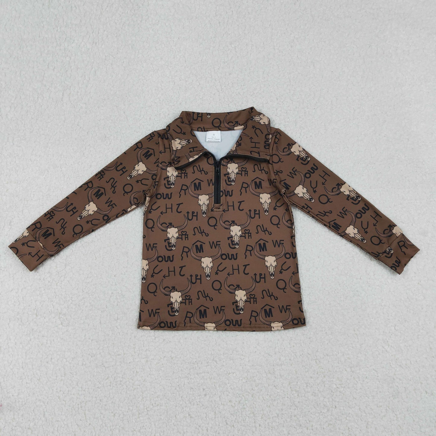 BT1597 Cow Ckull Wild Print Boys Western Zipper Pullover Top
