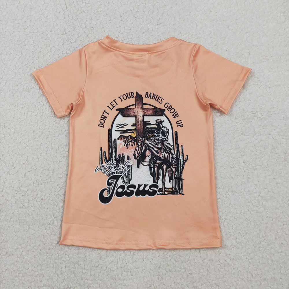 BT1618 Jesus Cross Cowboys Print Boys Easter Tee Shirts Top
