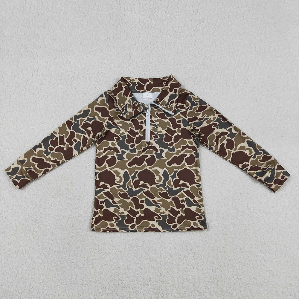 BT1649 Dark Brown Camo Print Boys Zipper Pullover Top