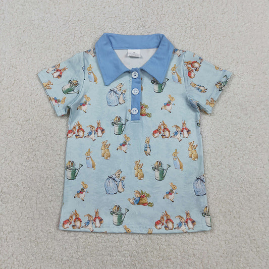 BT1665 Bunny Blue Print Boys Easter Polo Tee Shirts Top