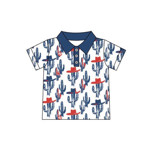 (Pre-order)BT1683 Hat Cactus Navy Print Boys 4th of July Western Polo Tee Shirts Top