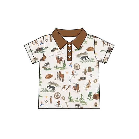 (Pre-order)BT1684 Cowboy Horse Print Boys Summer Western Polo Tee Shirts Top