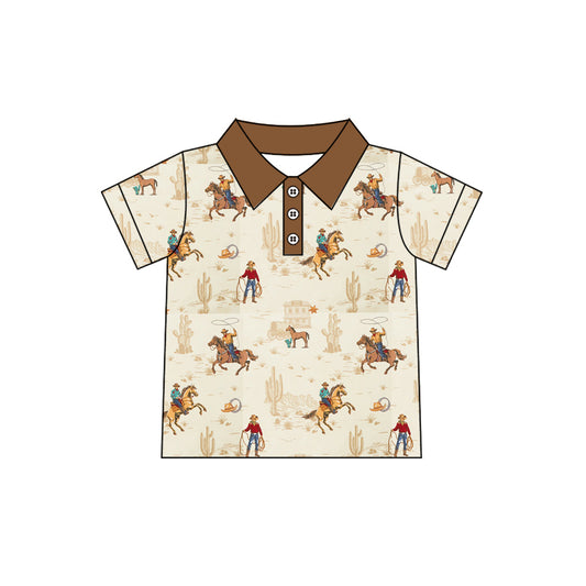 (Pre-order)BT1685 Cowboy Cactus Print Boys Summer Western Polo Tee Shirts Top